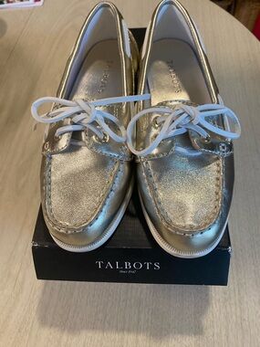 Talbots Metallic Gold Moccasin Boat Shoes with White Laces